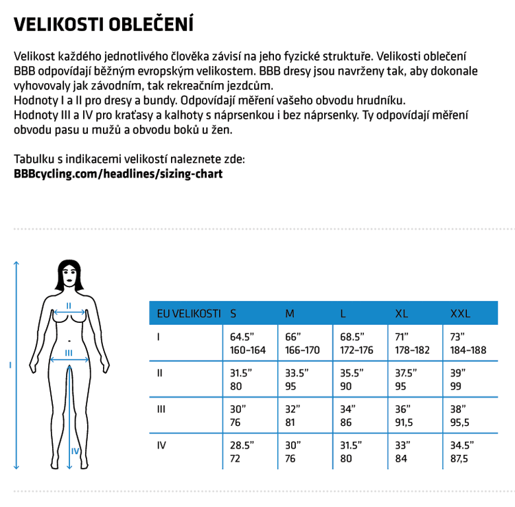 Velikostní tabulka dámského oblečení BBB.