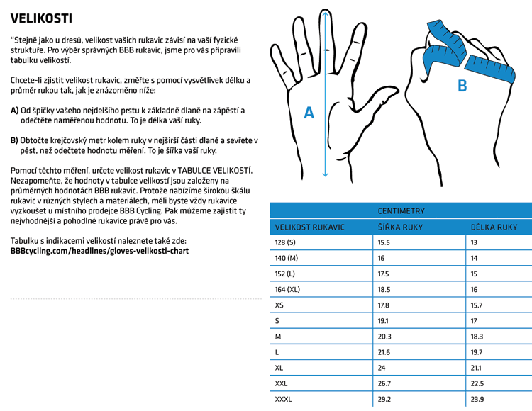Velikostní tabulka rukavic BBB